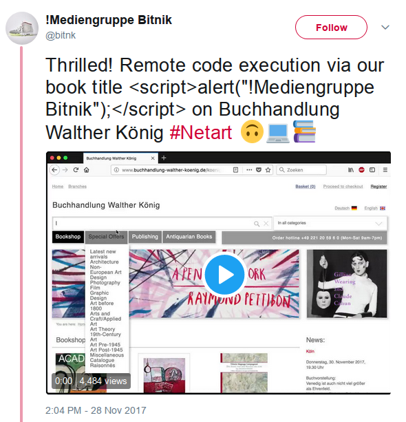 Screenshot van een tweet van Bitnik over hun boek