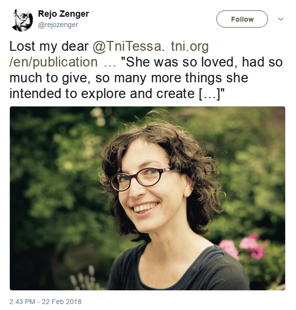 Tweet van Rejo Zenger over zijn verlies van Tessa